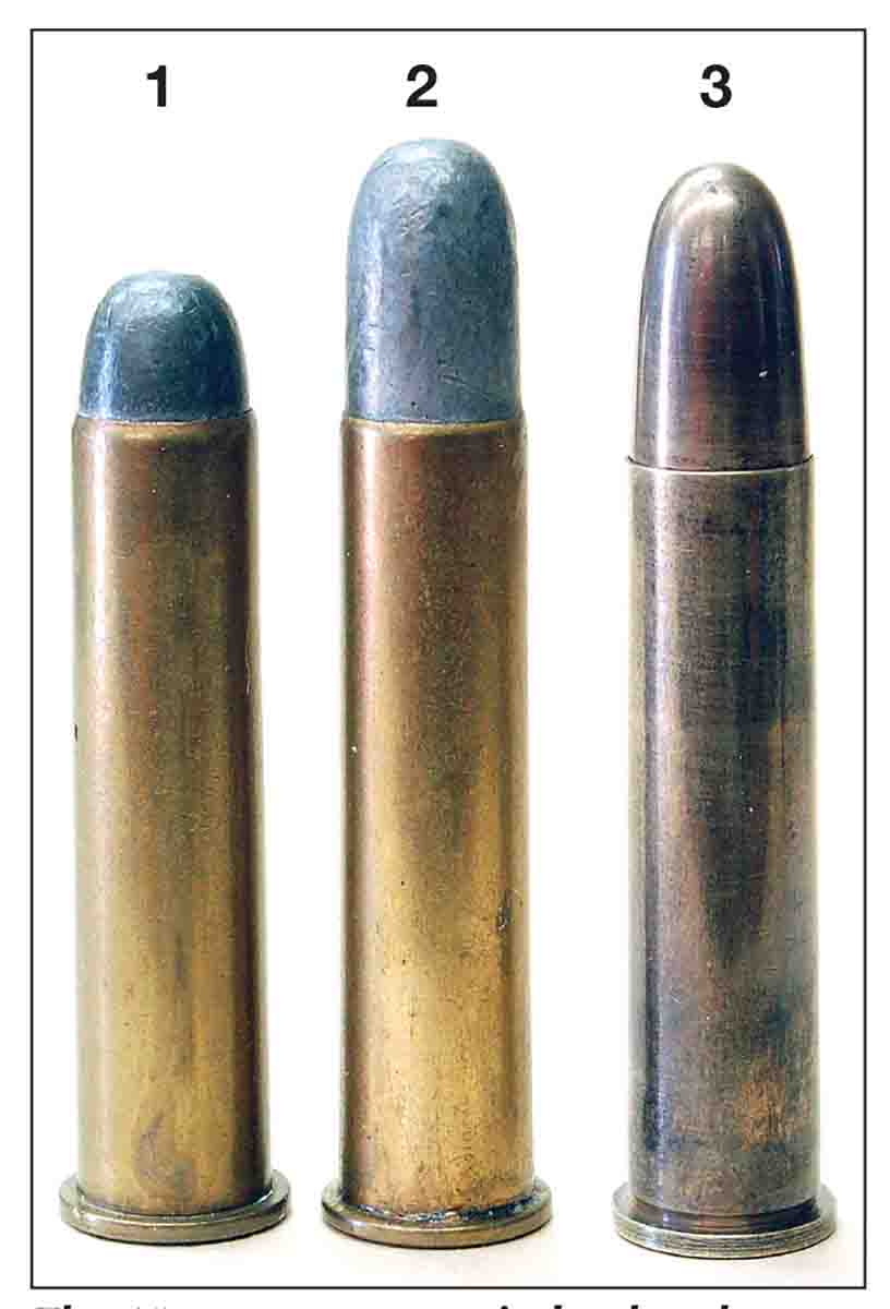 The (1) .45-70 405-grain load and (2) .45-70 500-grain load will both chamber in a (3) 11.35x51R Danish rolling block.